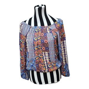 Scoop Women's Small Off Shoulder Boho Patchwork Floral Top Long Sleeve‎